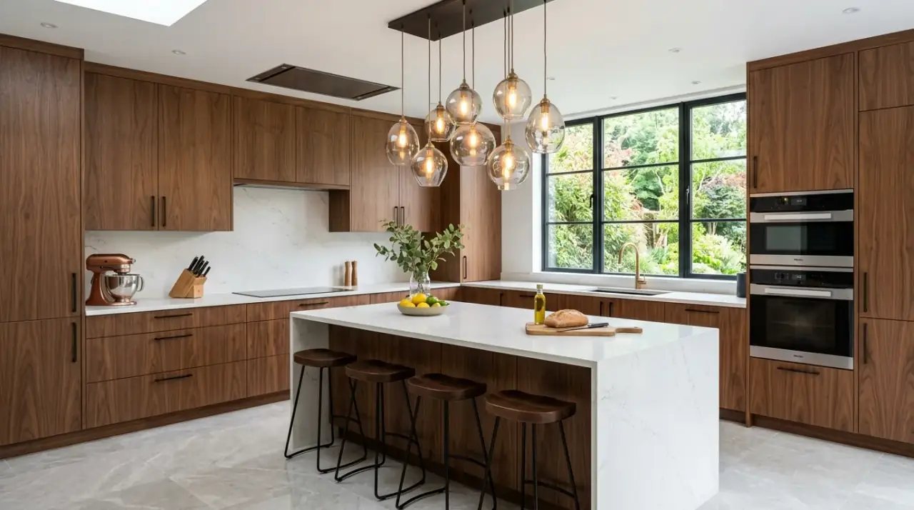 Wood and stone luxury kitchen. Warm timber balancing sleek high-end modern kitchen materials.
