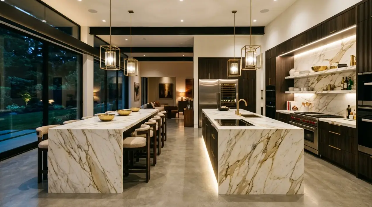 Luxury modern kitchen lighting. Refined fixtures adding atmosphere to a high-end contemporary cookspace.
