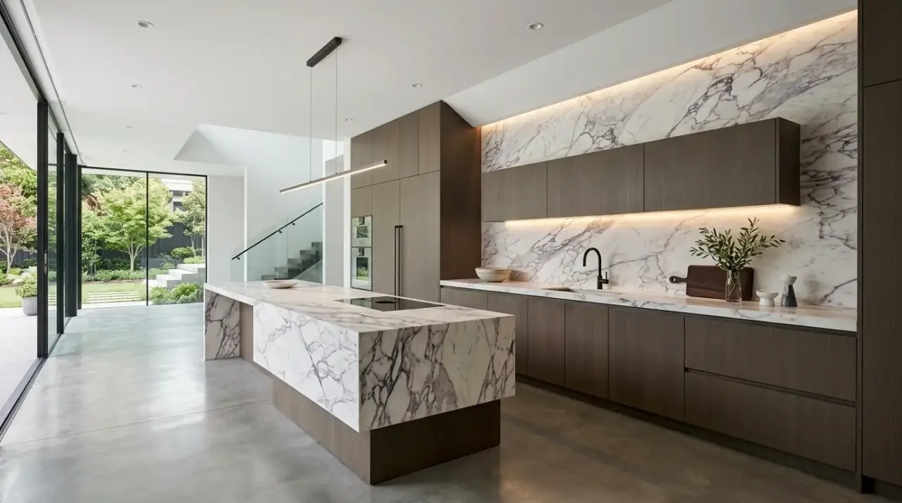 Handleless luxury modern kitchen. Clean cabinet lines enhancing a polished high-end contemporary design.