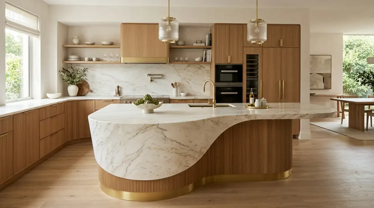 Slab backsplash luxury kitchen. Large stone wall surface creating a cleaner more luxurious kitchen statement.