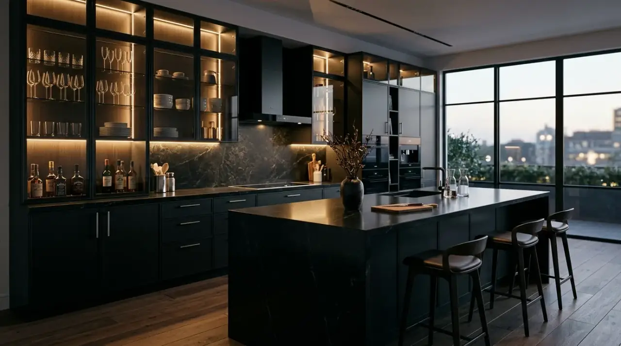 Mixed metals luxury modern kitchen. Carefully balanced metallic finishes adding nuance to a high-end cookspace.