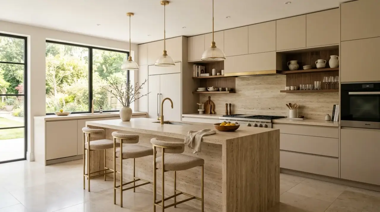 Luxury seating in modern kitchen. Refined stools and chairs helping a high-end kitchen feel cohesive.