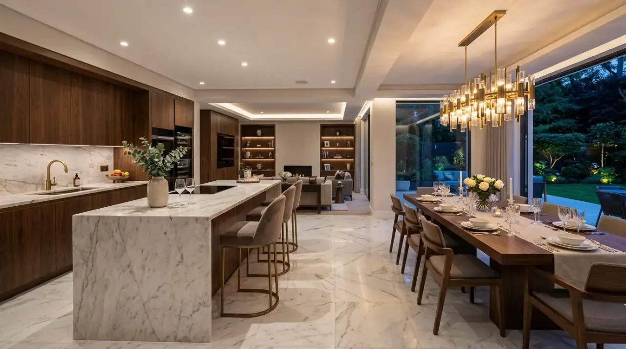 Hidden lighting in luxury kitchen. Subtle illumination enhancing the materials in a high-end modern cookspace.