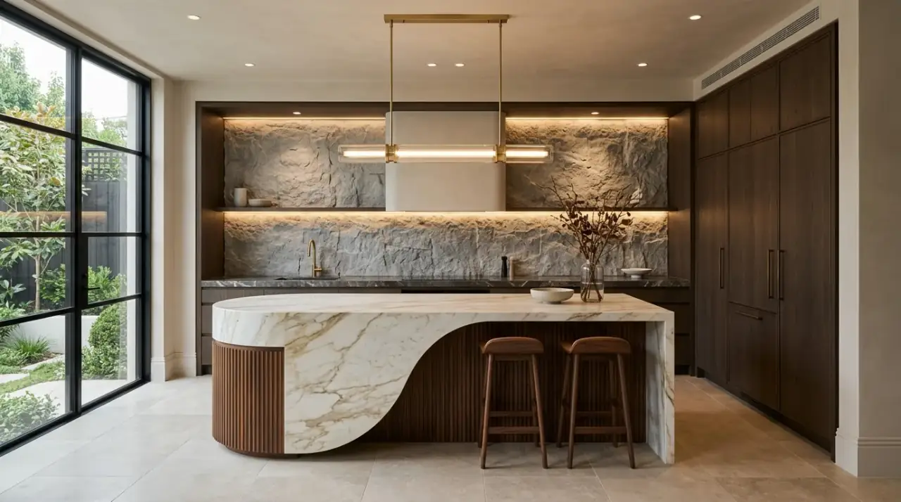 Minimal styling in luxury kitchen. Edited decor allowing high-end modern materials to lead the room.