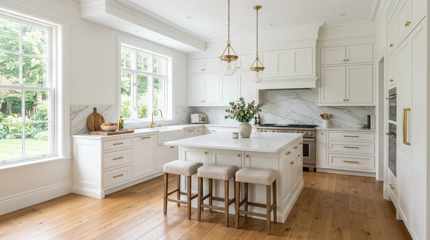 Elegant white kitchen with gold hardware, quartz countertops, and soft morning sunlight.