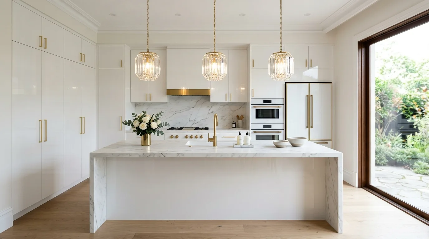 Glossy white kitchen with gold handles and fixtures. White marble waterfall island, crystal pendants, and bright daylight.