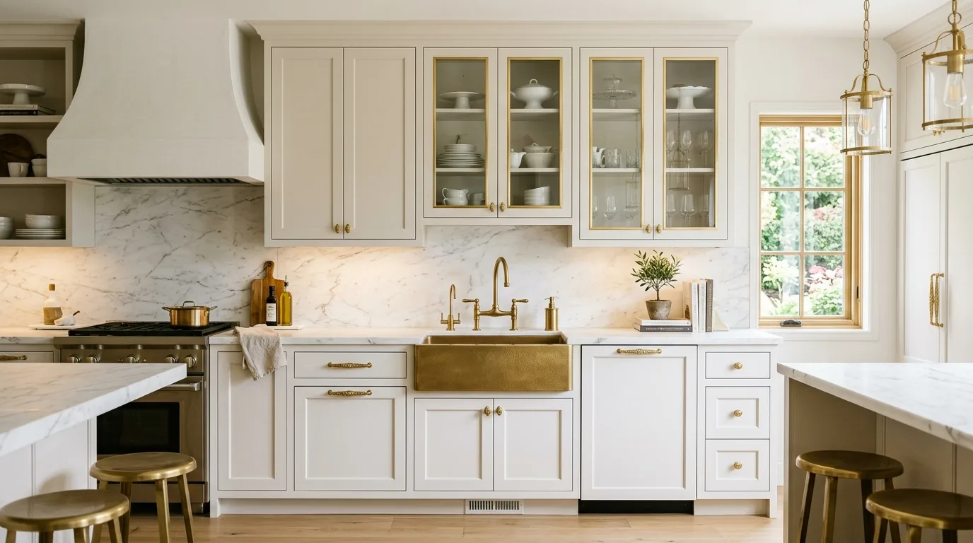 White kitchen with gold-trimmed glass cabinets. Marble countertops, brass faucet and sink, and warm ambient lighting.