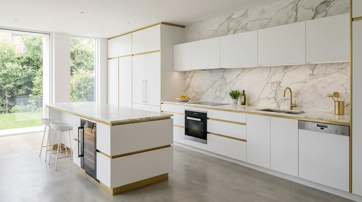 Minimal white handleless kitchen with gold accent strip. Full-height marble backsplash, integrated appliances, and soft natural light.