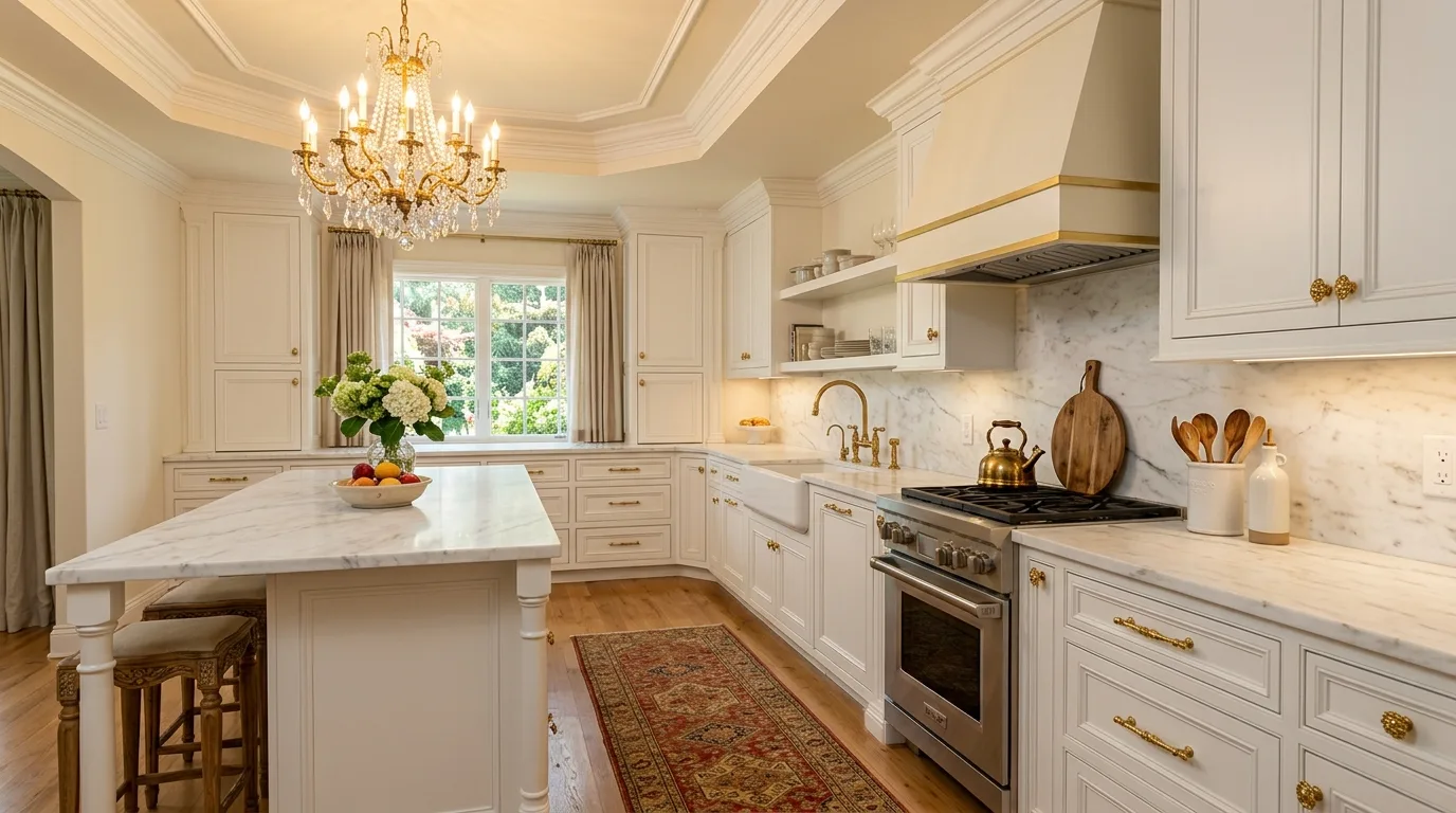 White shaker cabinets with ornate gold knobs. Marble counters, chandelier lighting, cream walls, and warm glow.
