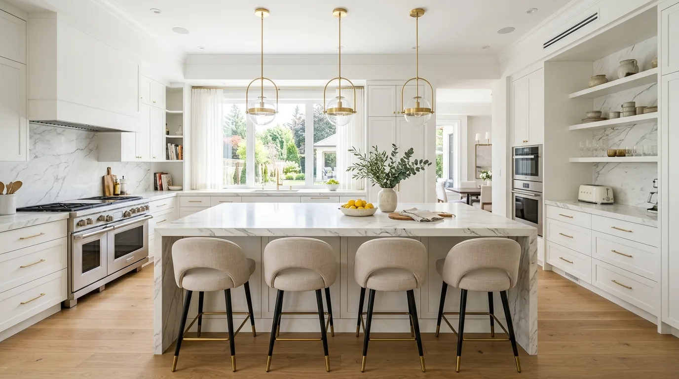 Bright white kitchen with gold pendants over marble island. Neutral bar stools, airy daylight, and upscale modern styling.