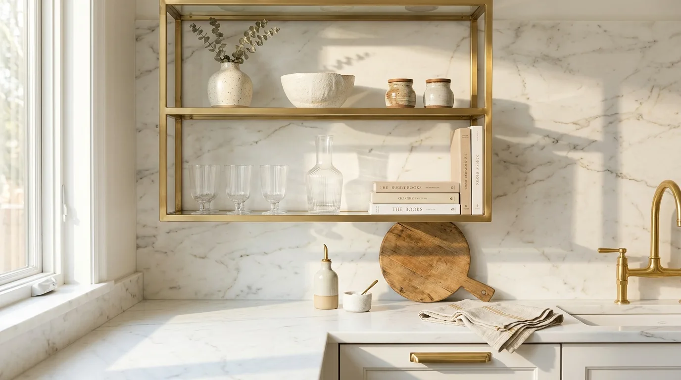 White kitchen with gold-framed open shelving. Marble backsplash, decorative ceramics, and warm sunlight.