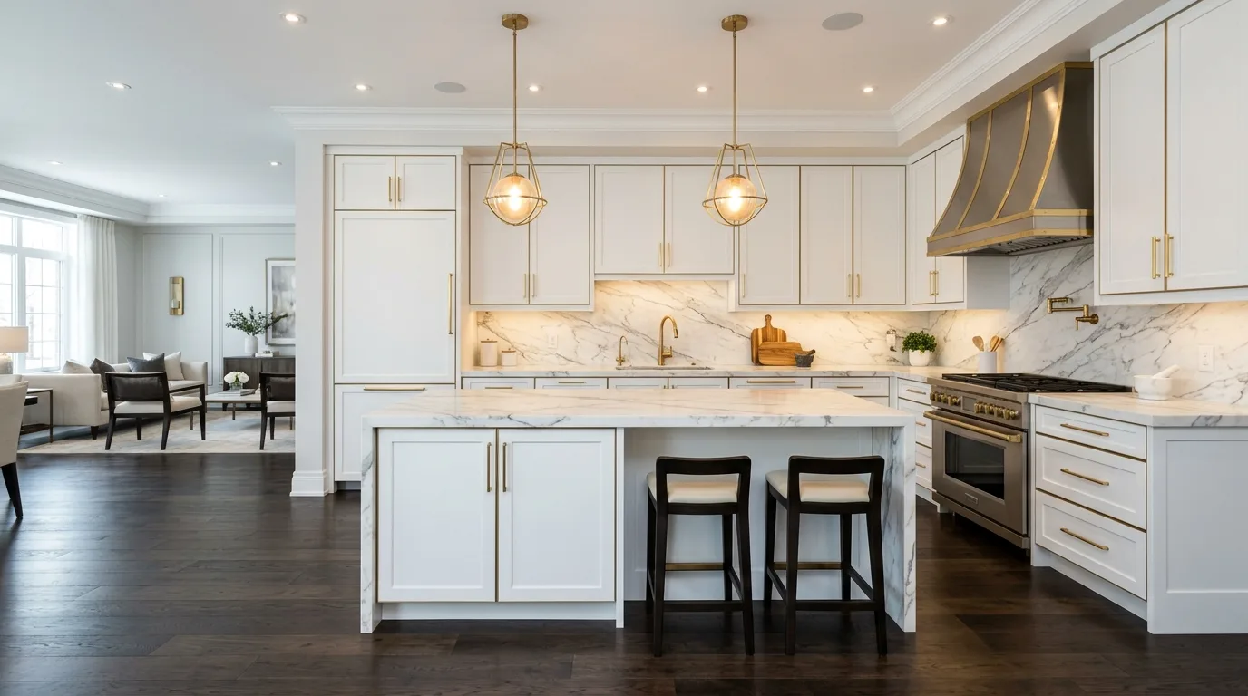 White cabinetry with brushed gold trim. Dark wood flooring, marble counters, and recessed lighting.