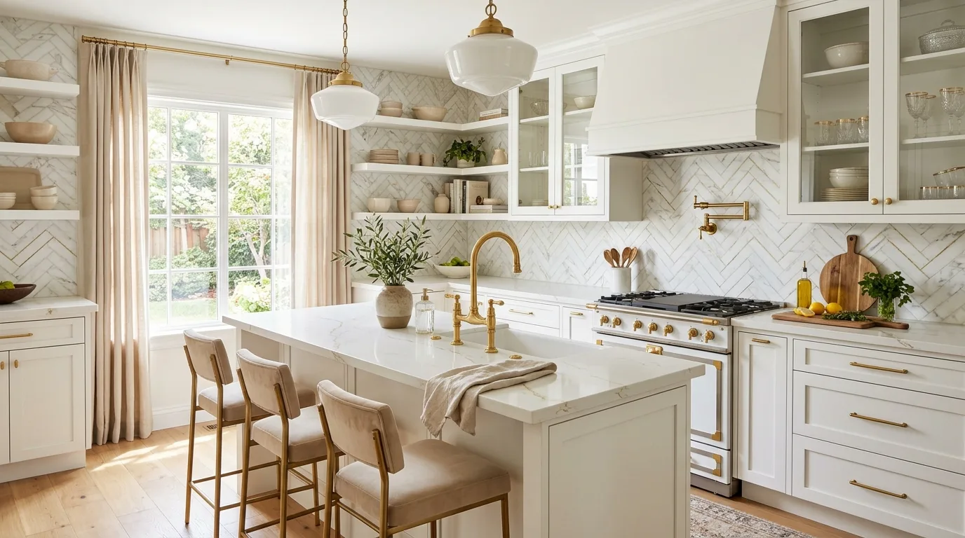 White and gold kitchen with marble herringbone backsplash. Gold faucet, beige accents, and natural daylight.