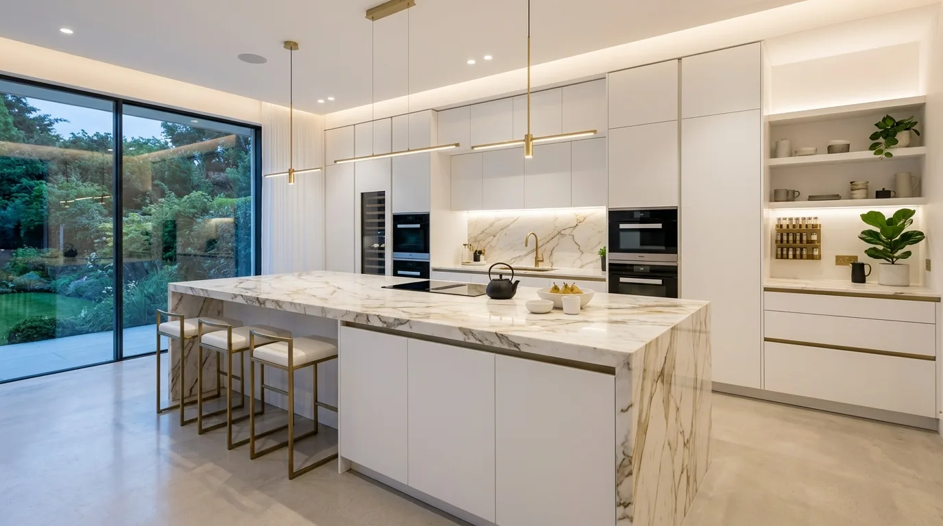 Ultra-modern white kitchen with gold-veined marble island. Seamless cabinetry, hidden handles, and ambient lighting.