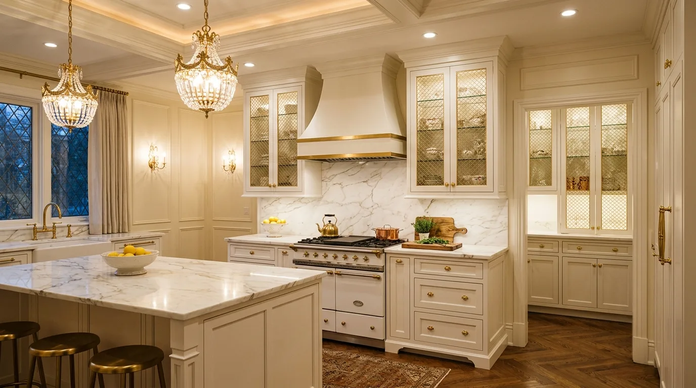 White kitchen with gold lattice cabinet inserts. Marble counters, ivory walls, and decorative gold lighting.