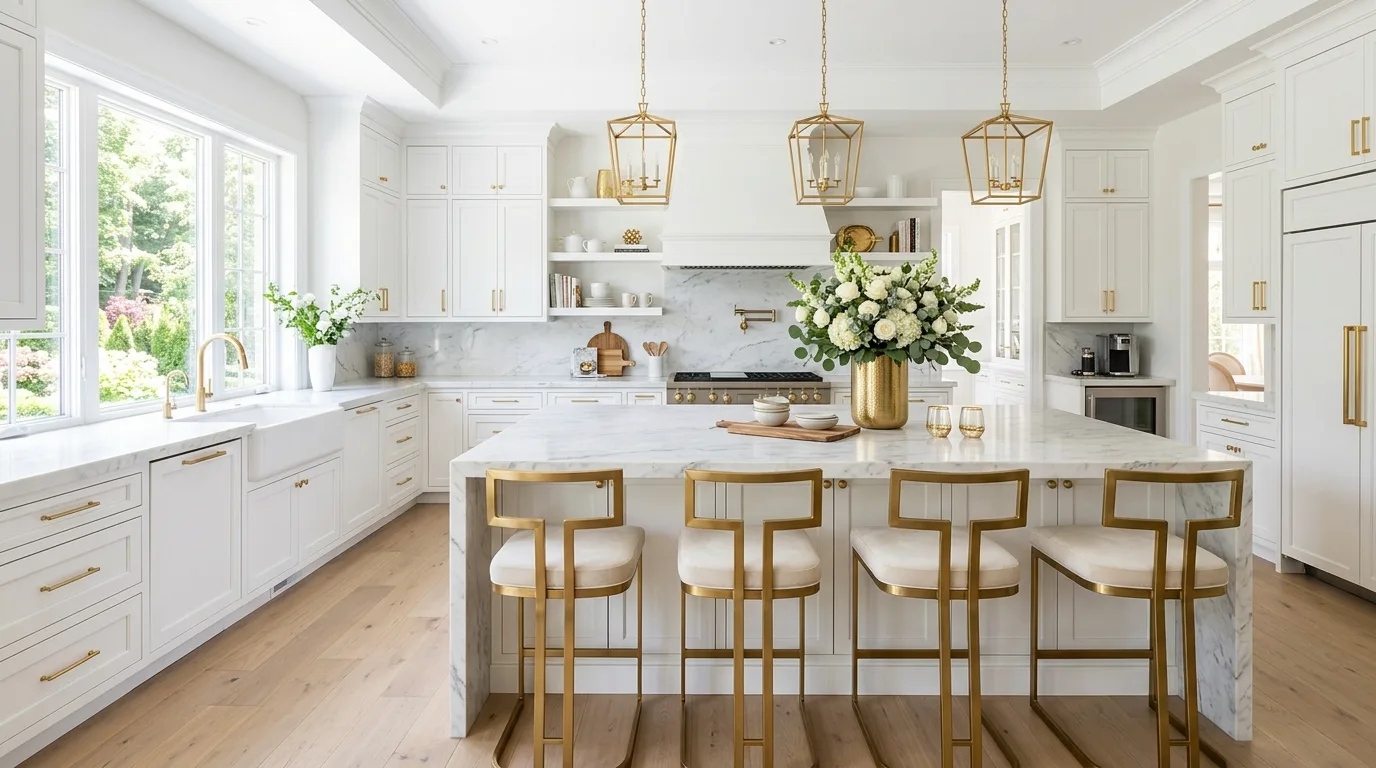 Bright white kitchen with gold-accented bar stools. Marble island, floral arrangement, and airy daylight.