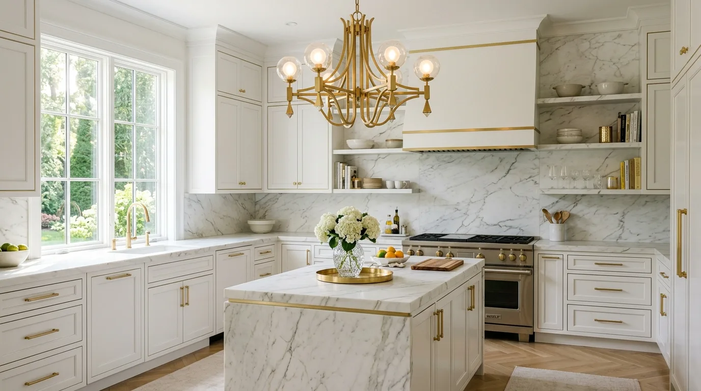 White kitchen with bold gold chandelier. Marble backsplash, subtle gold cabinet edging, and soft daylight.