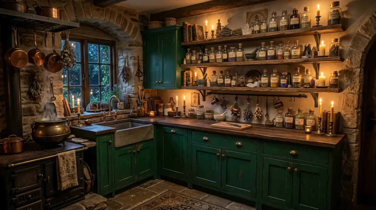 Enchanting witchy kitchen with apothecary styling, dark tones, herbs, and moody magical warmth.