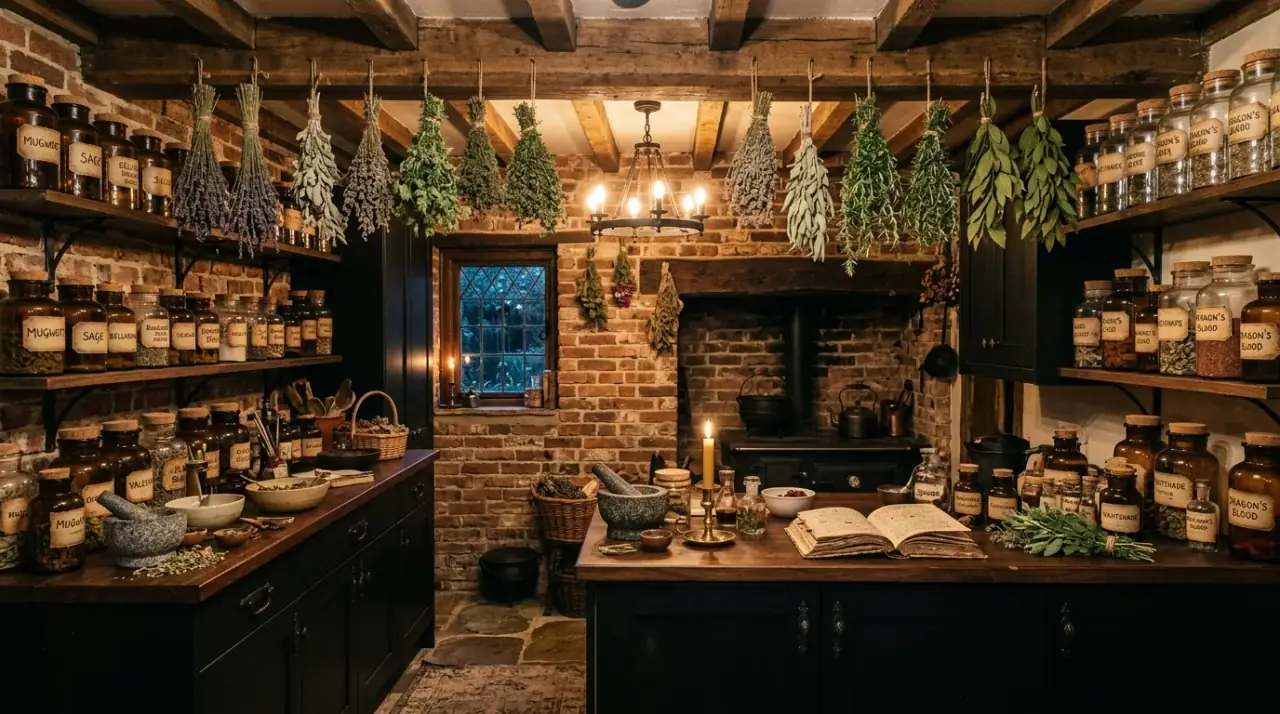 Apothecary shelf kitchen. Glass jars and shelves bringing magical pantry character to the kitchen.