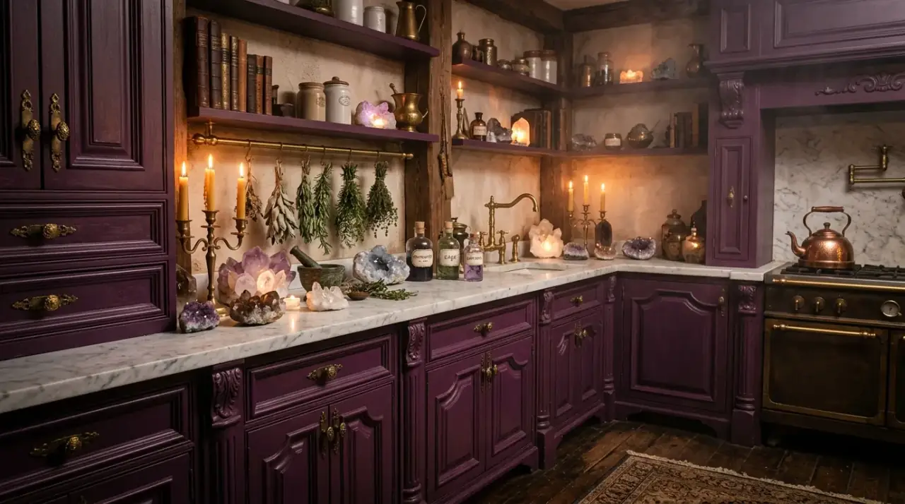 Moody green witchy kitchen. Dark green cabinetry and brass details creating a magical mood.