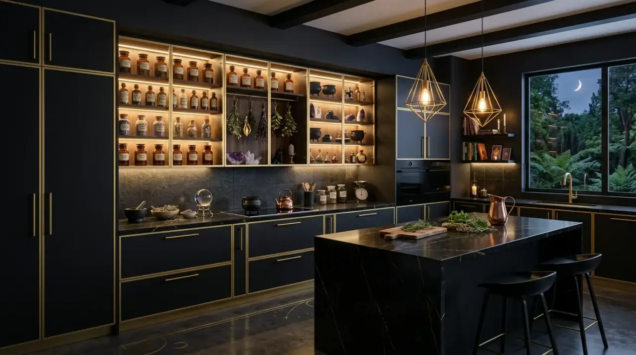 Black stone witchy kitchen. Dark countertops bringing moody depth to an apothecary-style kitchen.