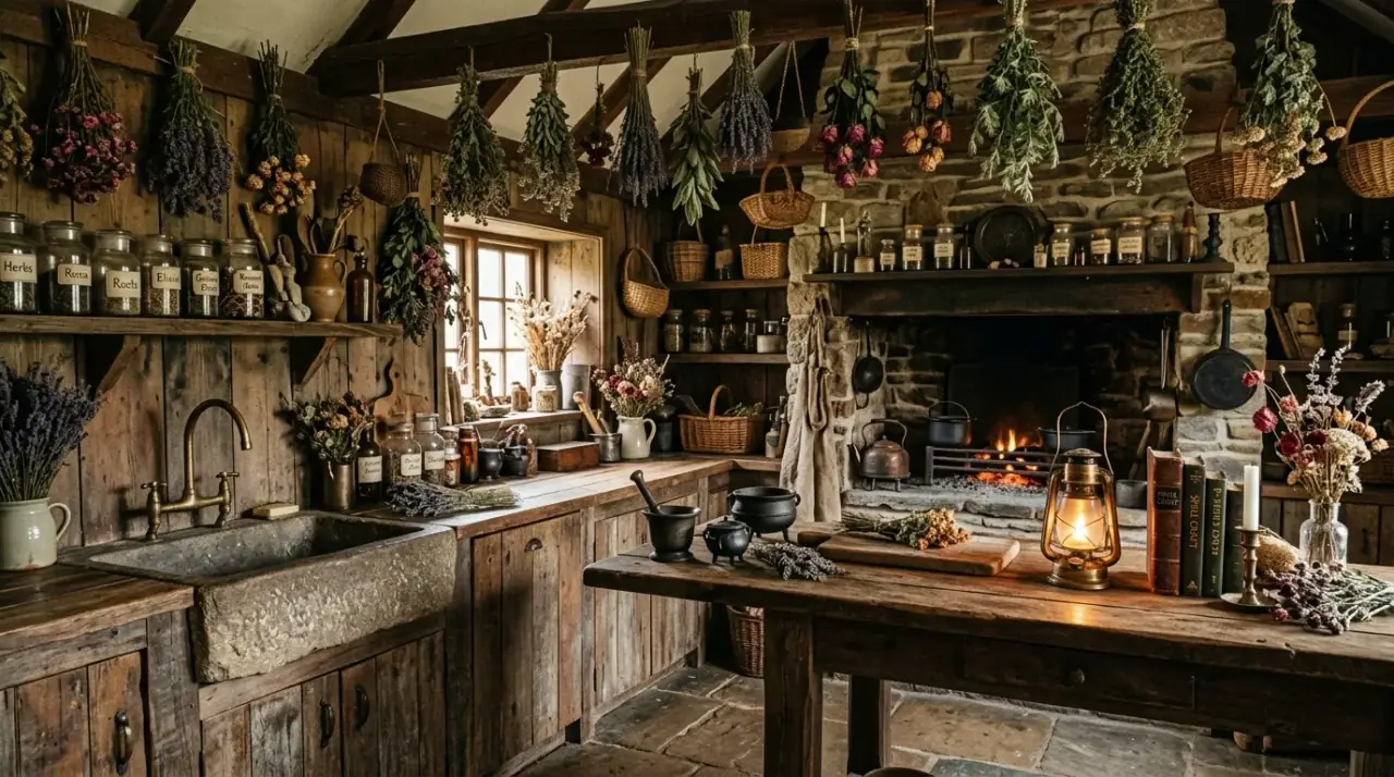 Witchy kitchen lighting. Brass sconces and candlelike light warming a moody magical kitchen.