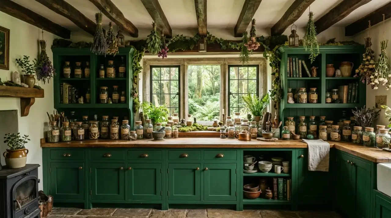 Potion nook kitchen. Tea and tonic station creating a practical magical corner in the kitchen.