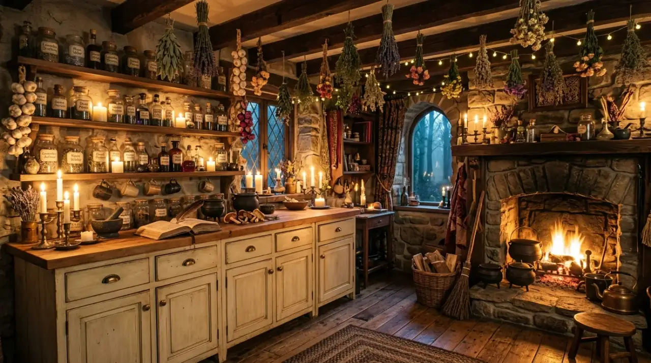 Antique furniture witchy kitchen. Collected vintage furniture bringing old-world charm to the kitchen.
