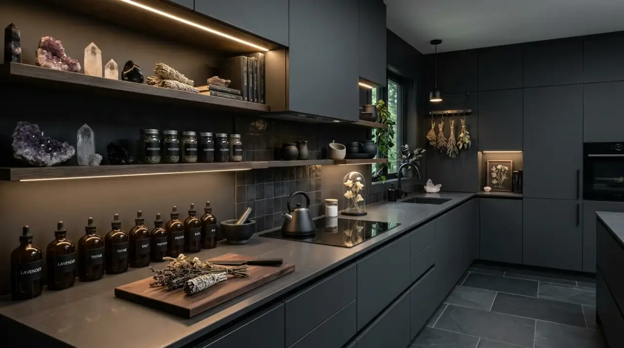 Cookbook witchy kitchen. Old books and handwritten notes adding spellbook character to the kitchen.