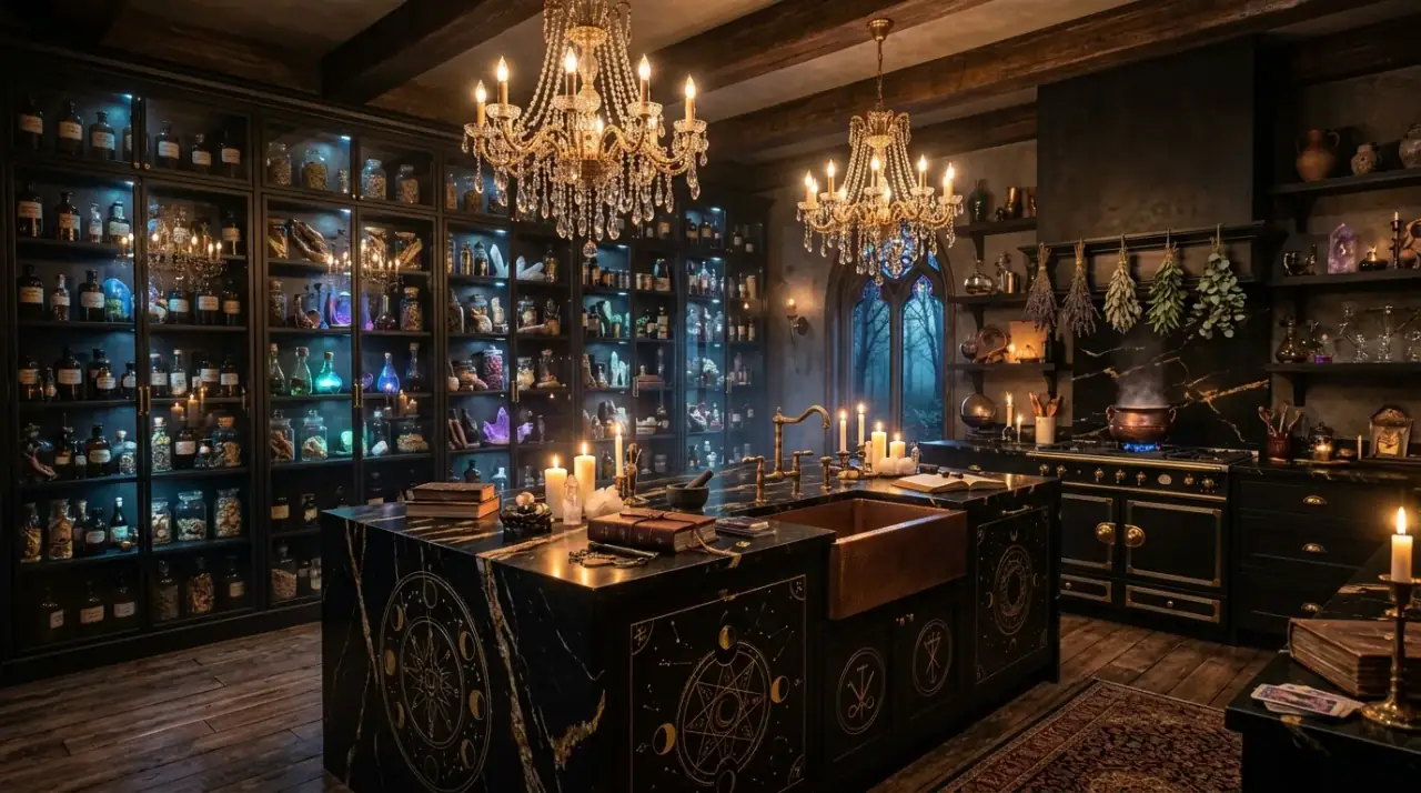 Witchy kitchen overview. Magical apothecary kitchen blending moody atmosphere with liveable warmth.