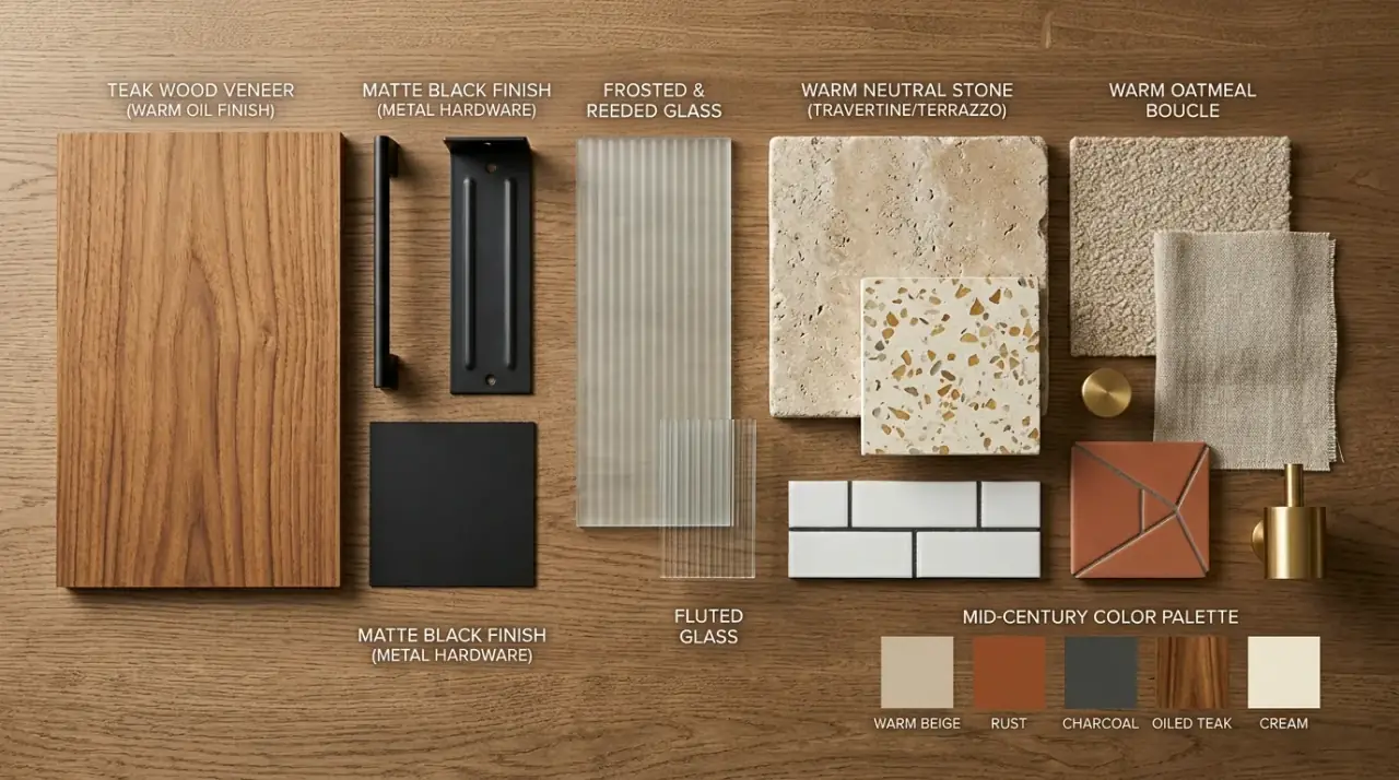 Flat-front mid-century cabinets. Clean cabinet surfaces reinforcing the sleek geometry of the style.
