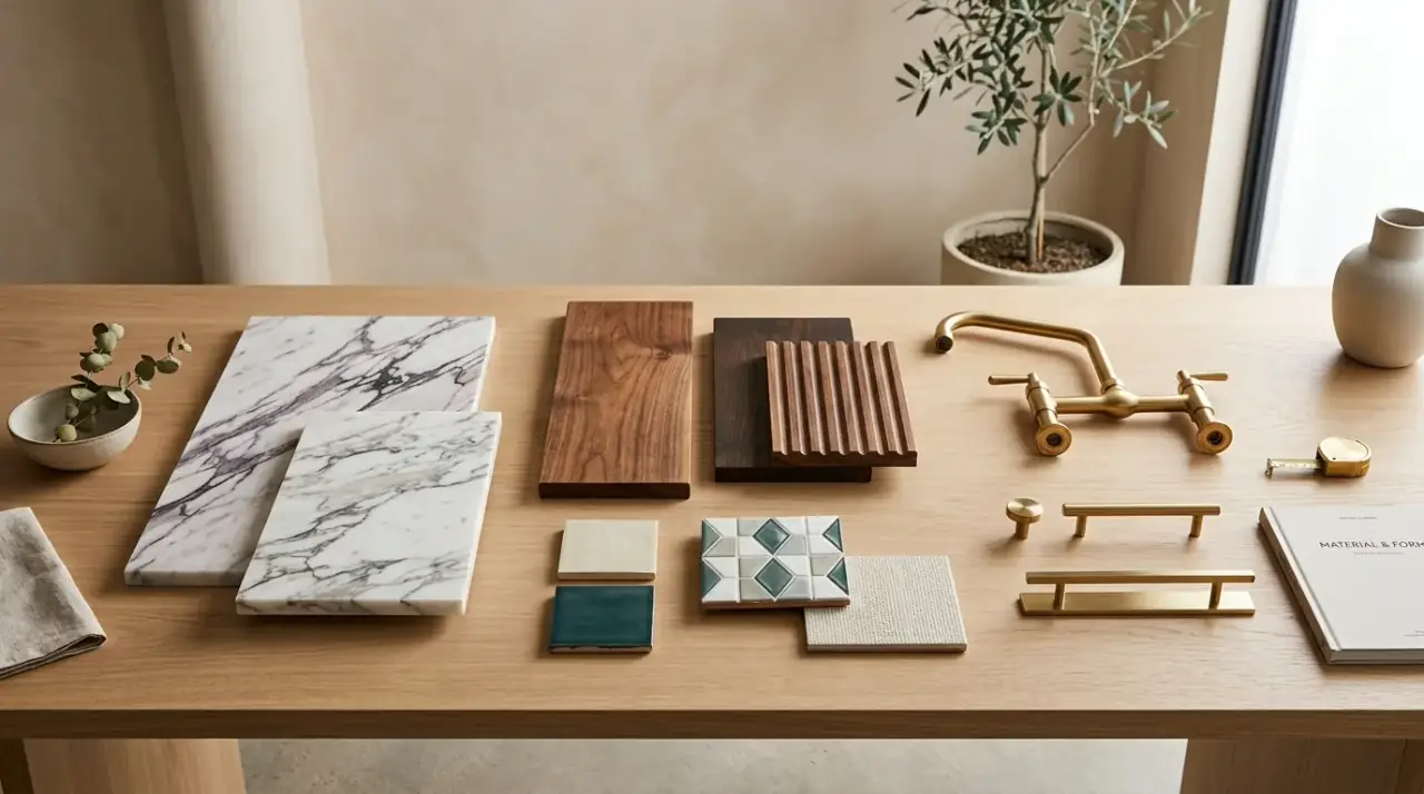 Brass in mid-century kitchen. Warm metal accents complementing wood and retro-modern cabinetry beautifully.
