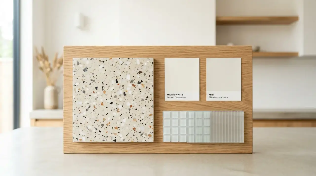 Warm stone mid-century kitchen. Gentler stone surfaces balancing the warmth of a retro-inspired kitchen.