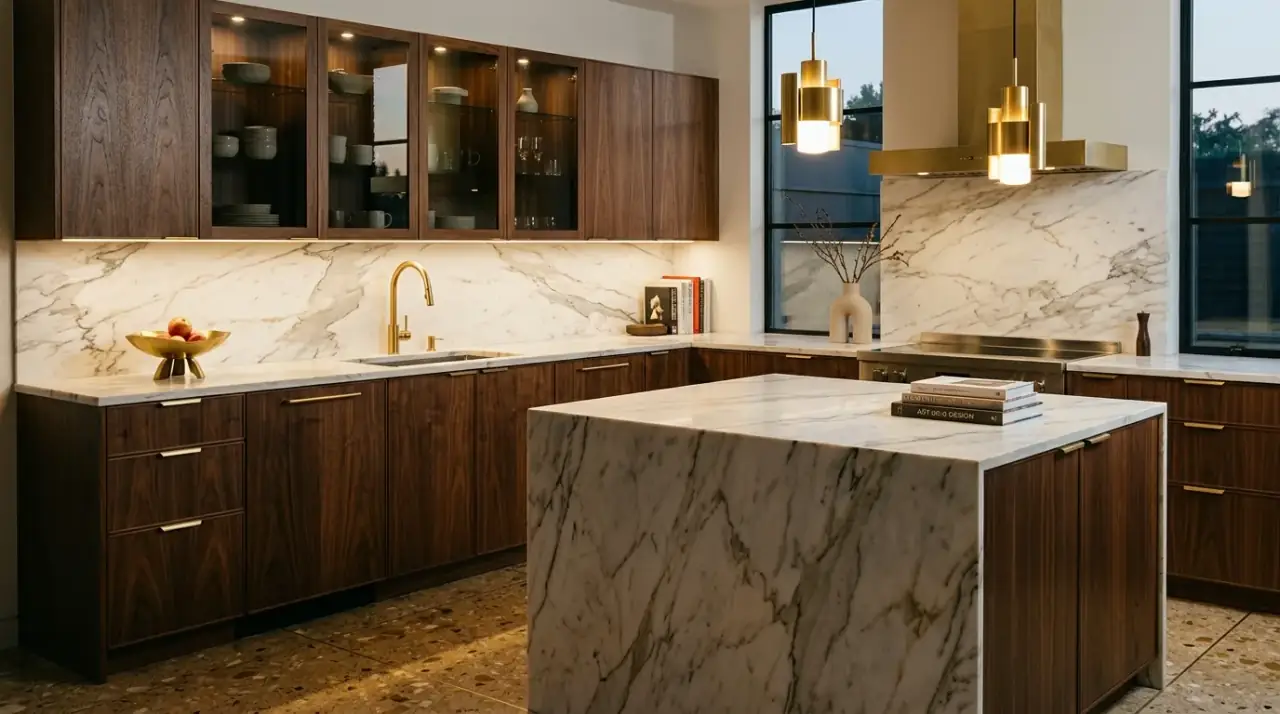 Textured wood mid-century kitchen. Warm layered materials adding more depth to a retro-modern kitchen.