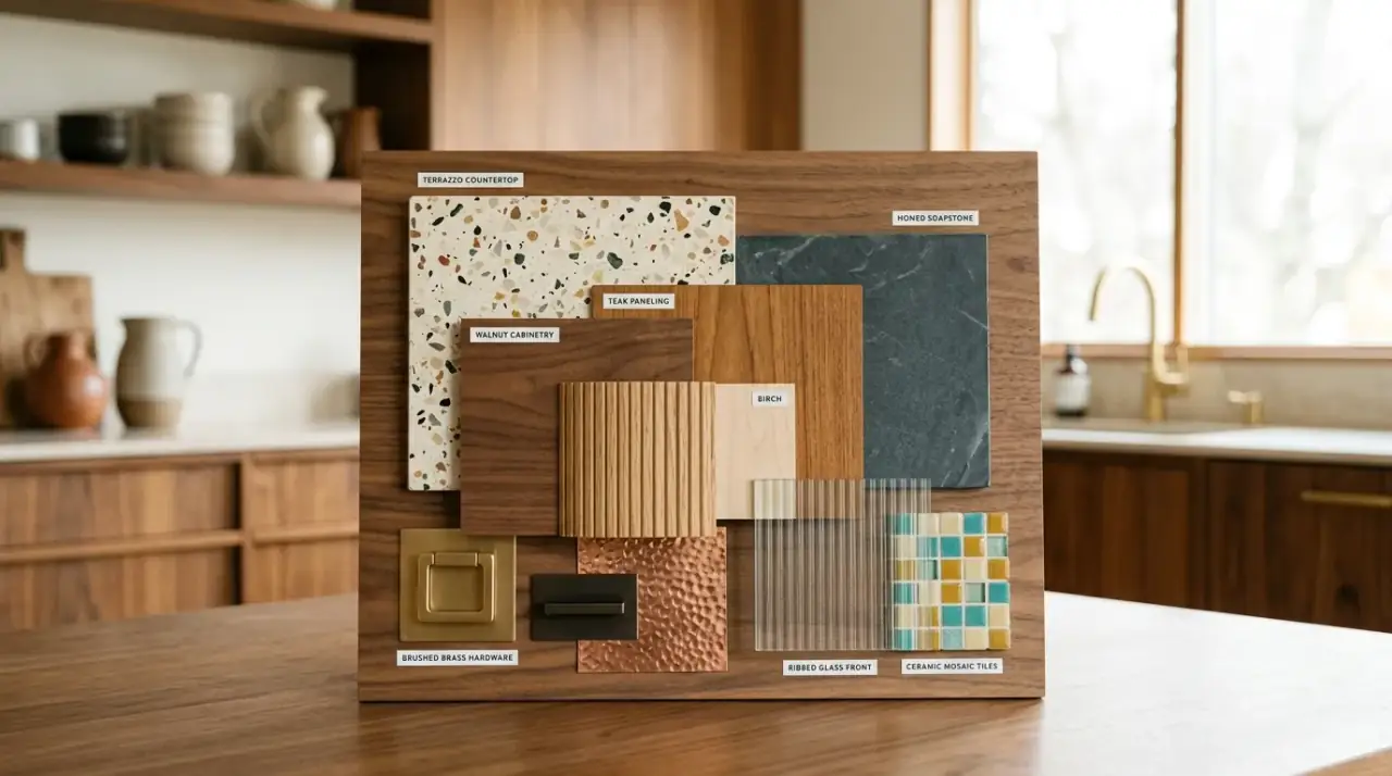 Mid-century kitchen materials overview. Core warm materials creating a balanced and authentic retro-modern dream kitchen.