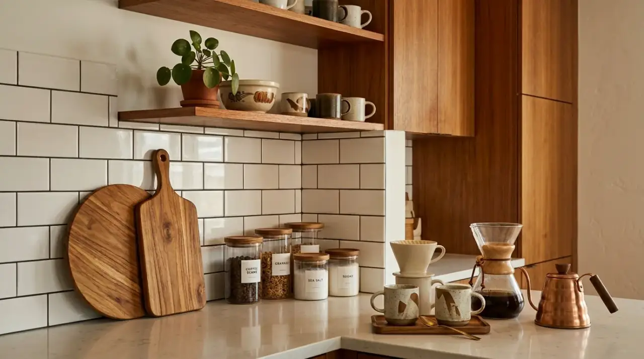 Mid-century pendant lights. Sculptural retro lighting adding the perfect finishing touch to the kitchen.
