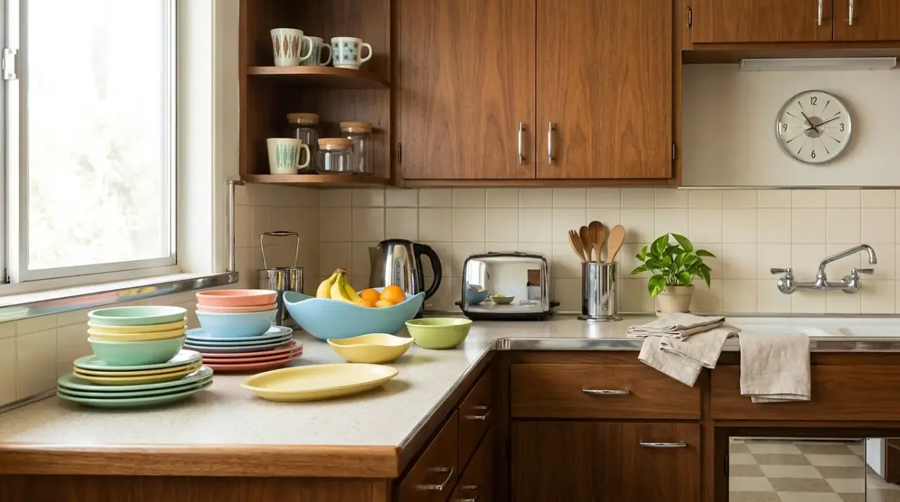 Mid-century ceramic canisters. Practical countertop storage with period-inspired shape and color.