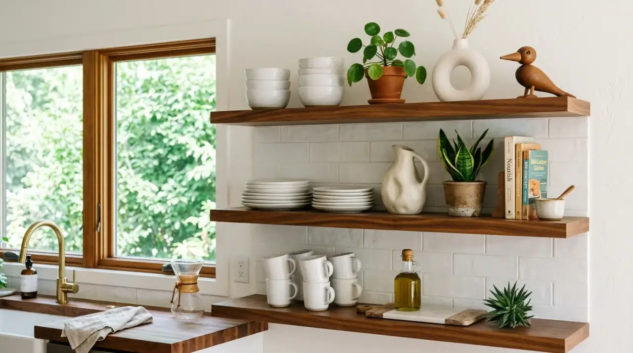 Mid-century kitchen wall clock. Retro timepiece adding charm and period detail to the kitchen.