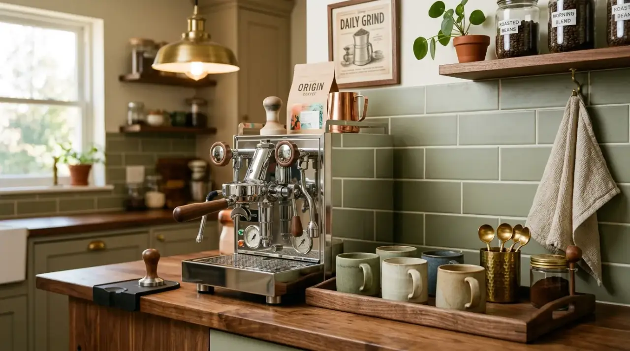 Mid-century kitchen textiles. Warm retro-toned fabrics adding softness and color to the room.
