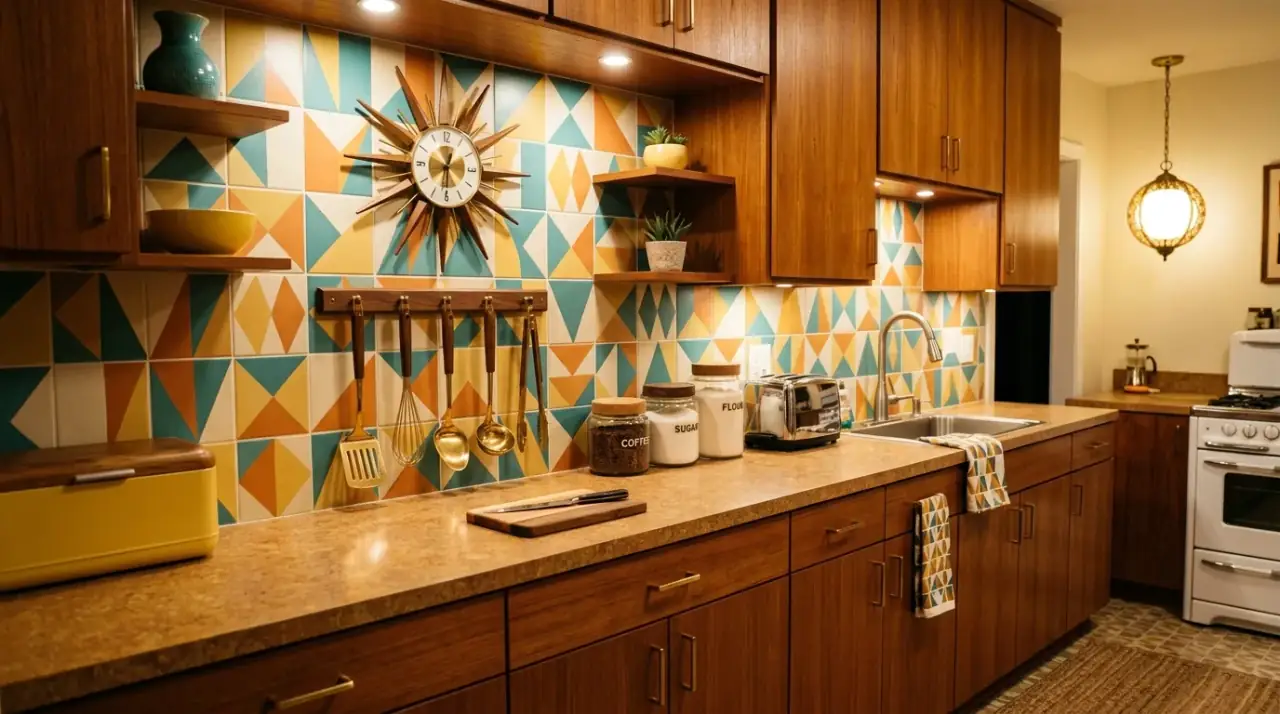 Wood accessories in mid-century kitchen. Natural serving pieces reinforcing the warmth of a retro kitchen design.
