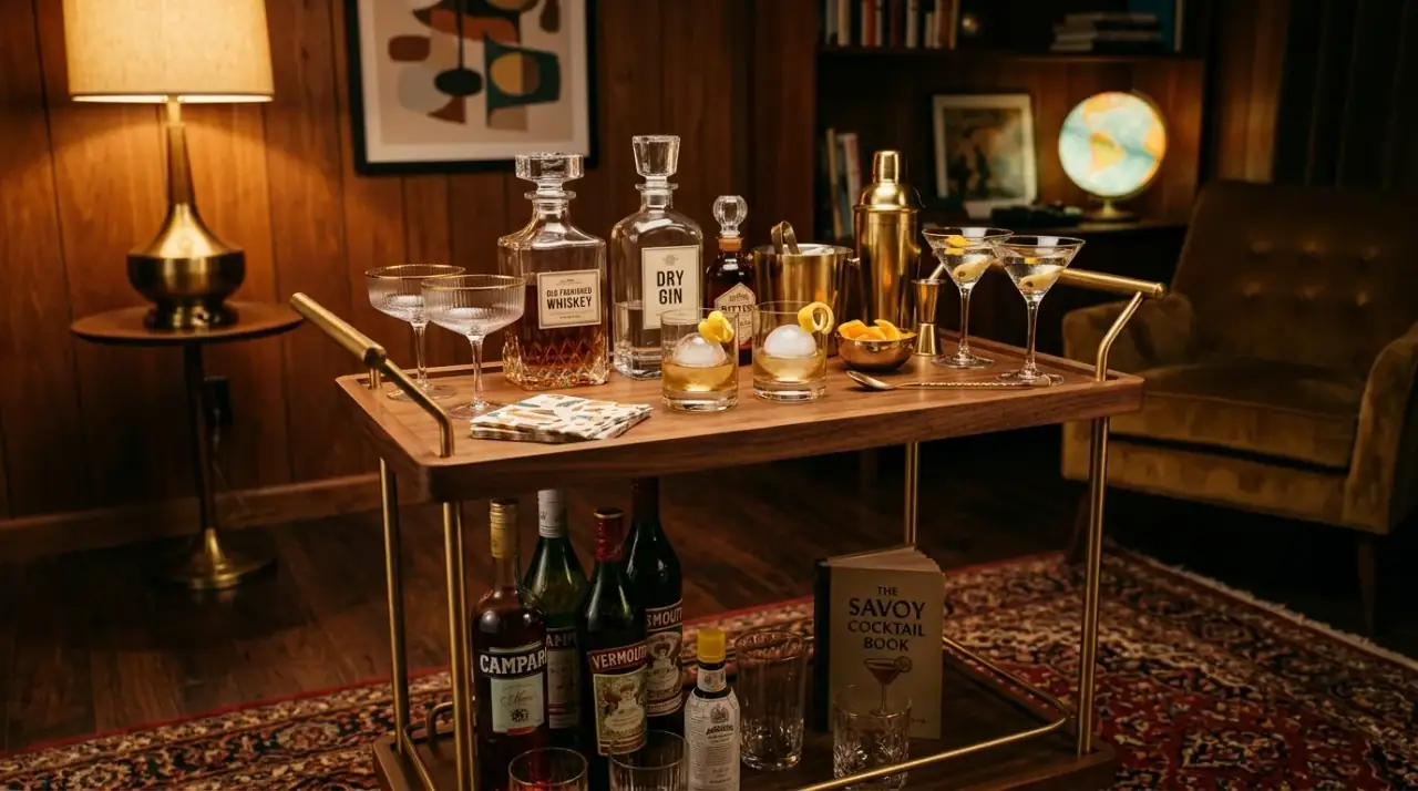 Vintage glassware mid-century kitchen. Carefully chosen shelf objects adding retro charm to the kitchen.