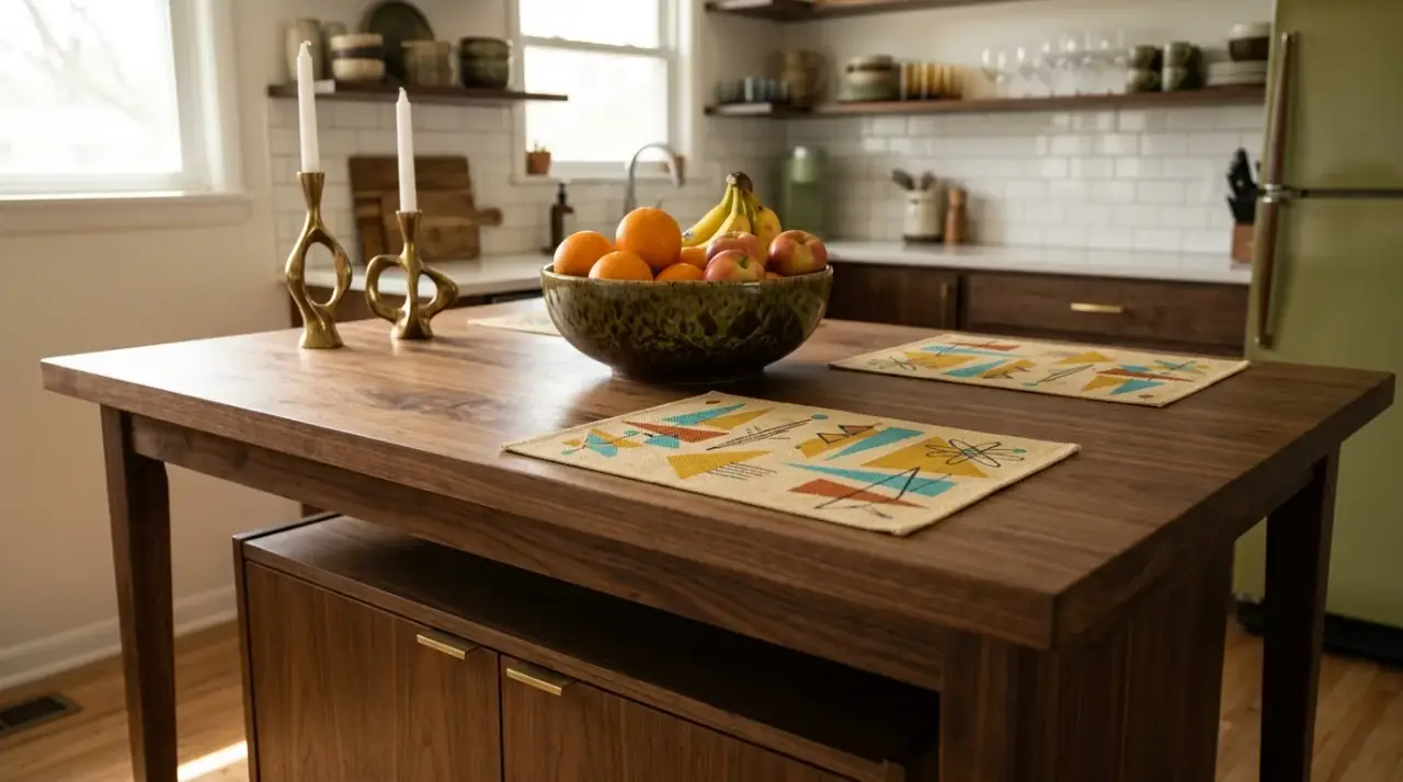 Mid-century kitchen wall art. Abstract artwork helping a retro-modern kitchen feel more complete.