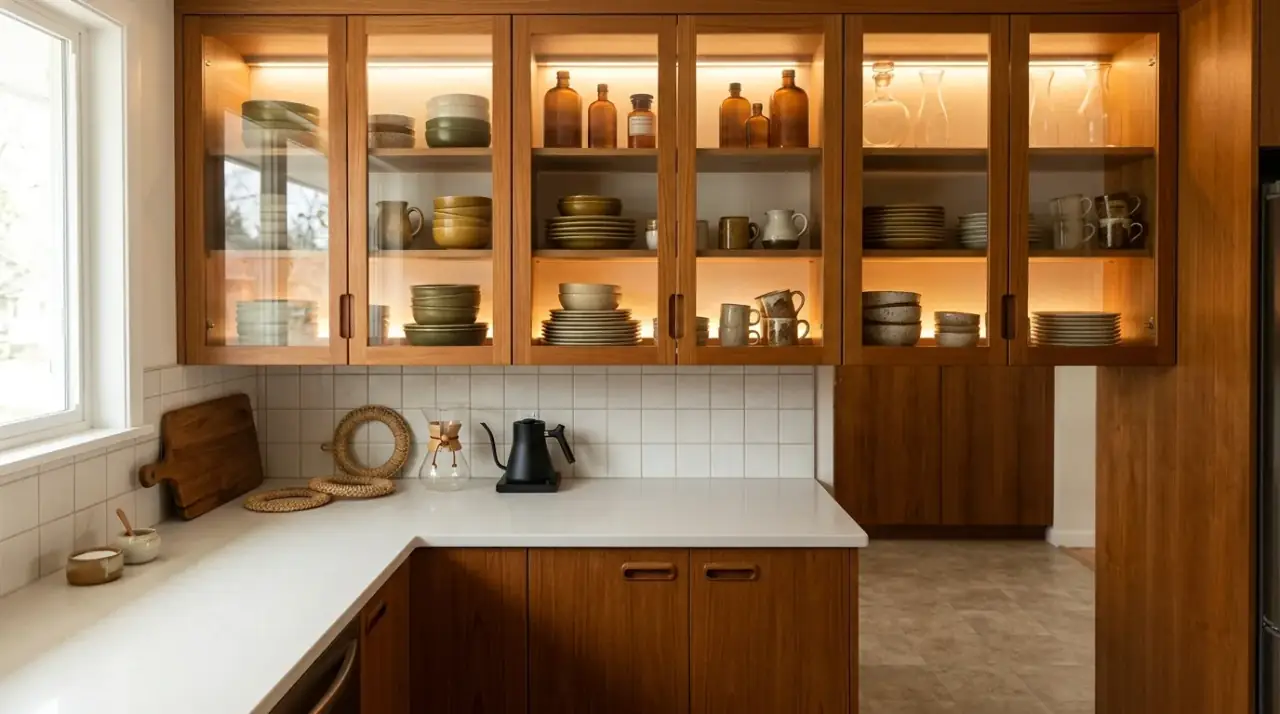 Plants in mid-century kitchen. Greenery and simple planters adding life to the retro kitchen palette.