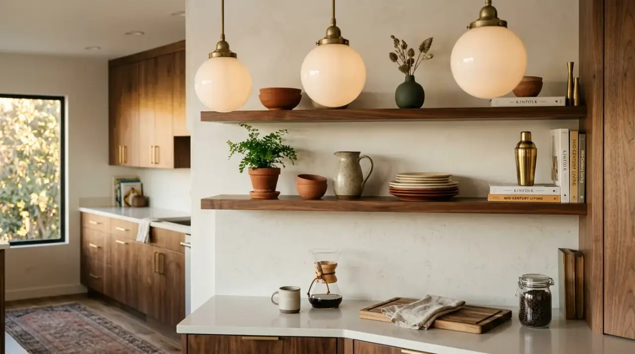 Mid-century kitchen accessories overview. Carefully chosen finishing pieces completing a retro kitchen without clutter.