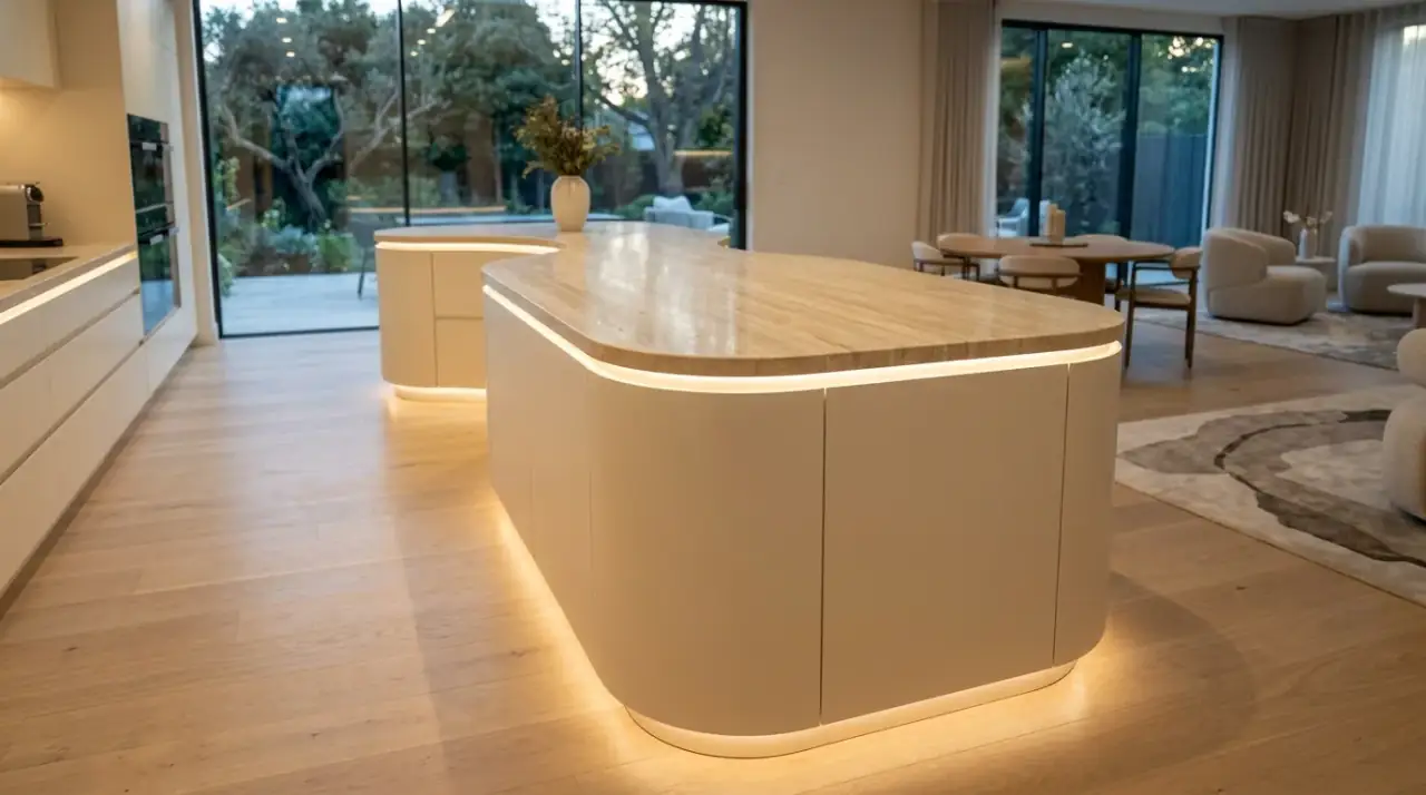 Multifunctional island trend. Kitchen trend showing a double duty island for modern remodels.