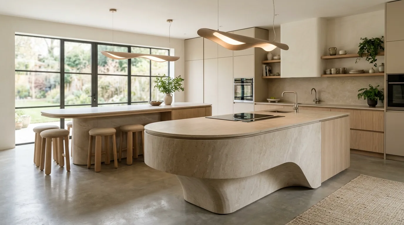 Full slab backsplash kitchen trend 2026. Contemporary kitchen wall treatment with seamless statement surfaces.