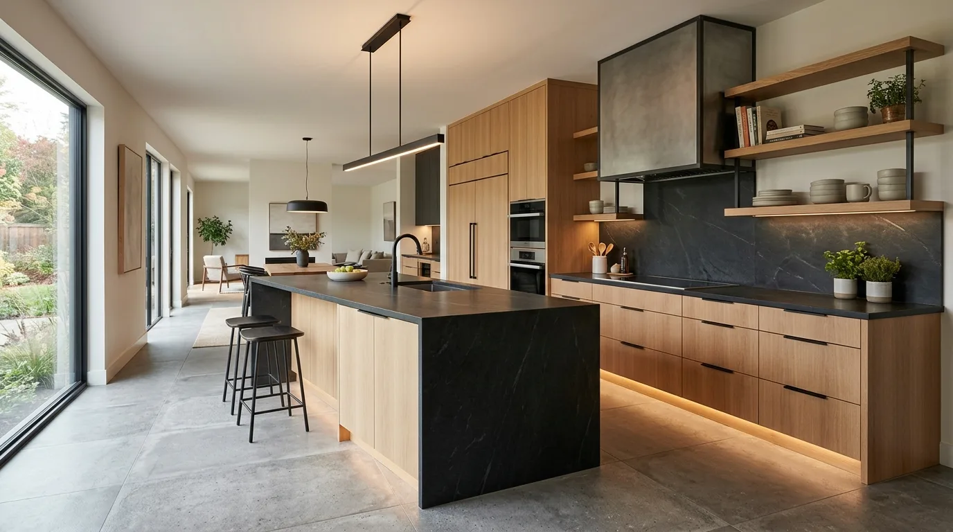 Selective dark accent trend in kitchens. Contemporary contrast used in a more balanced restrained way.