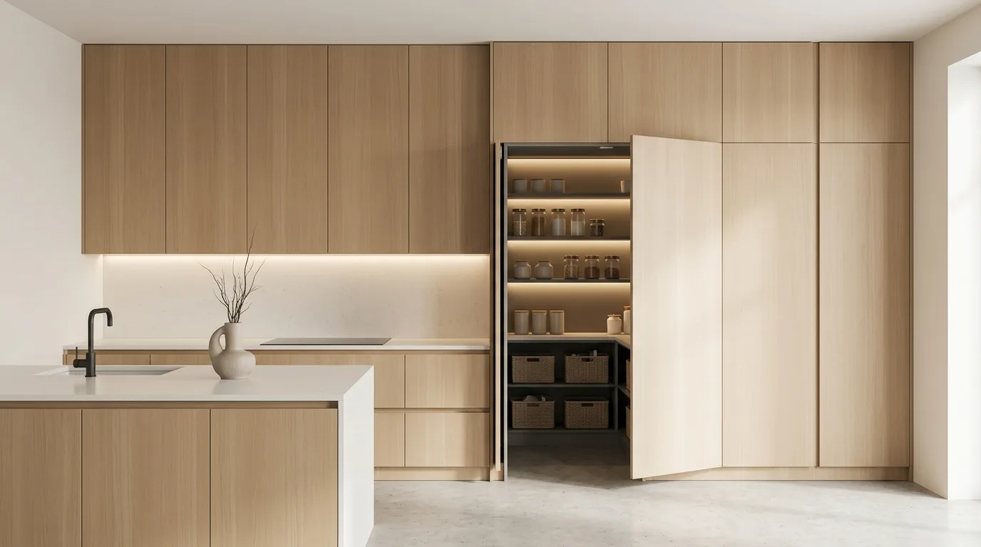 Intentional open shelving kitchen trend. Balanced open storage approach in current kitchen design.