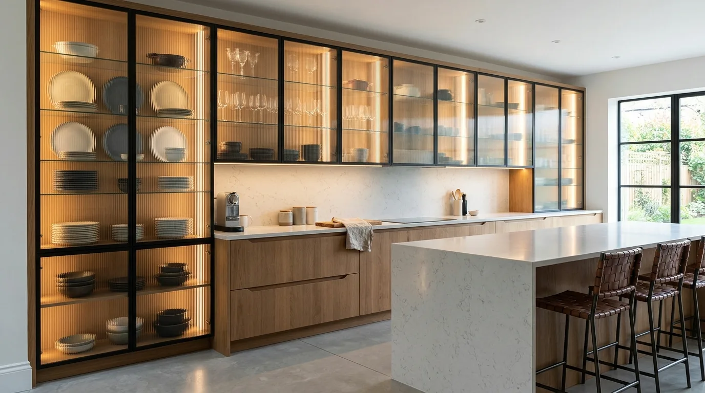 Warm metallic kitchen hardware trend 2026. Brass accents supporting current warm modern kitchen palettes.