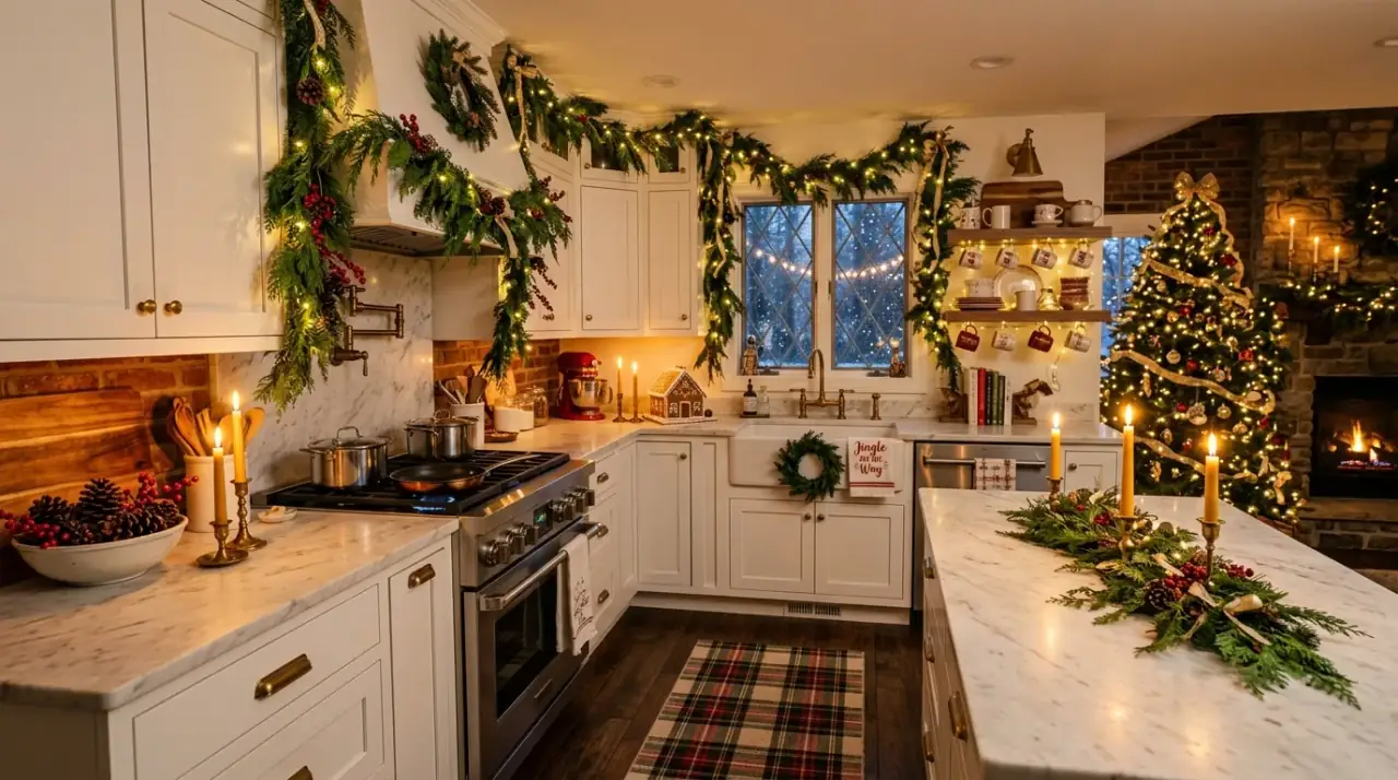 Festive Christmas kitchen decor creating a merry holiday cookspace full of warmth.